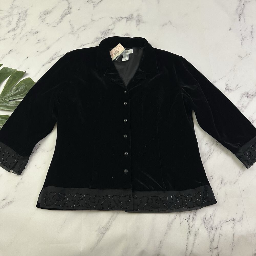 Dressbarn Womens Vintage Y2k Velvet Jacket Top Size L New Black Beaded 3/4 Slv